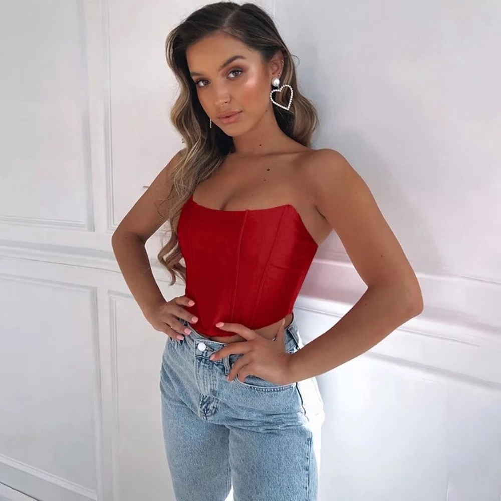 New Red Small Strapless Bustier Crop Top